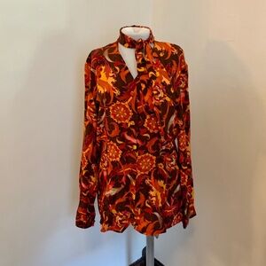 Diane Von Furstenberg 100% Silk Top Blouse Button Floral Fall Red Bow VTG 90 Tie